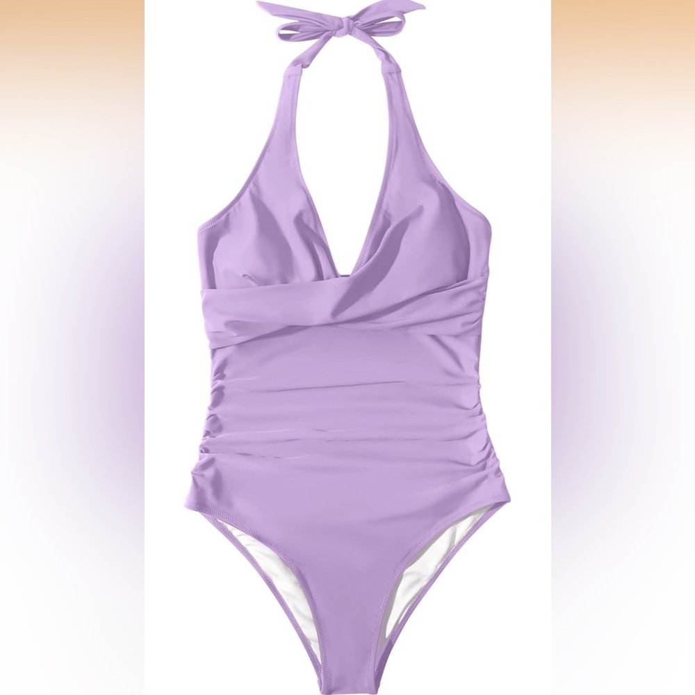 Lavender Ruched Halter One-Piece Swimsuit - Picture 4 of 12
